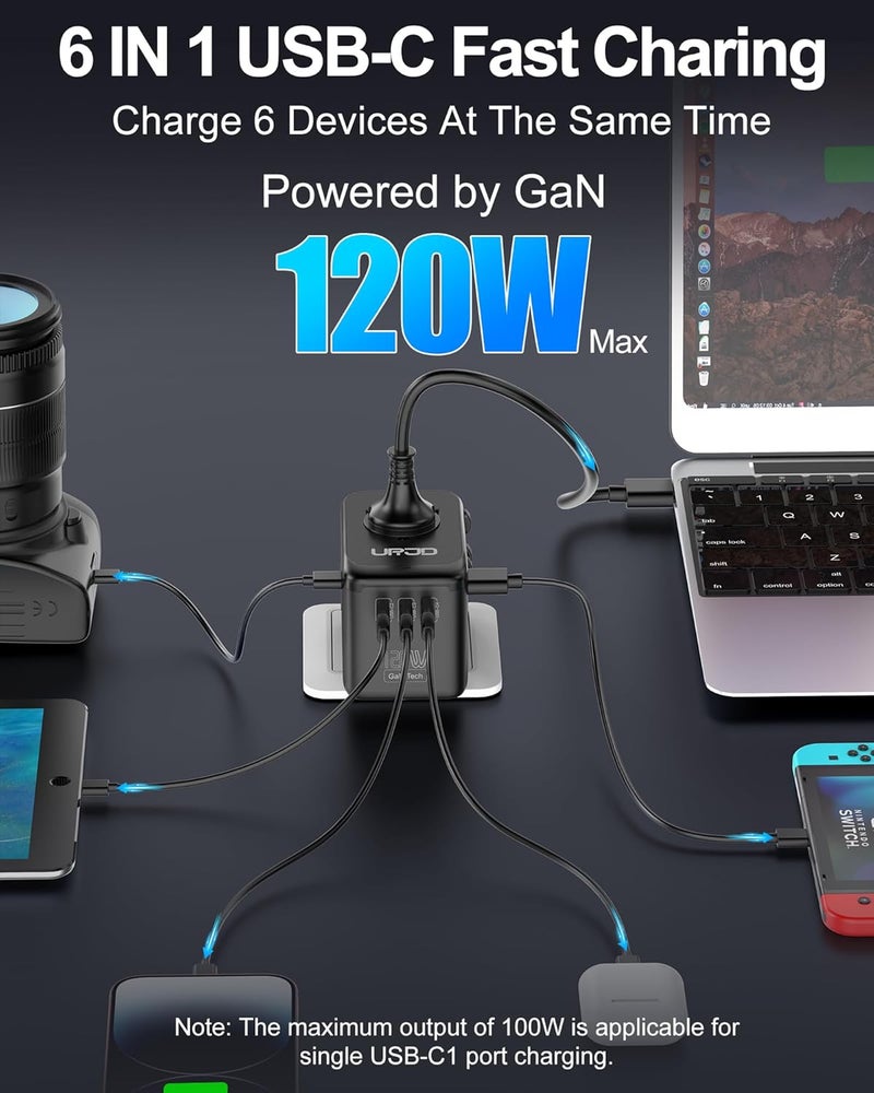 URJD Universal Travel Adapter, 120W GaN International Power Plug Adapter, 5 USB Ports & 2500W AC Outlet, All-in-One Travel Charger for 200+Countries, Fast Charging All USB & Dual Voltage Devices - Image 3